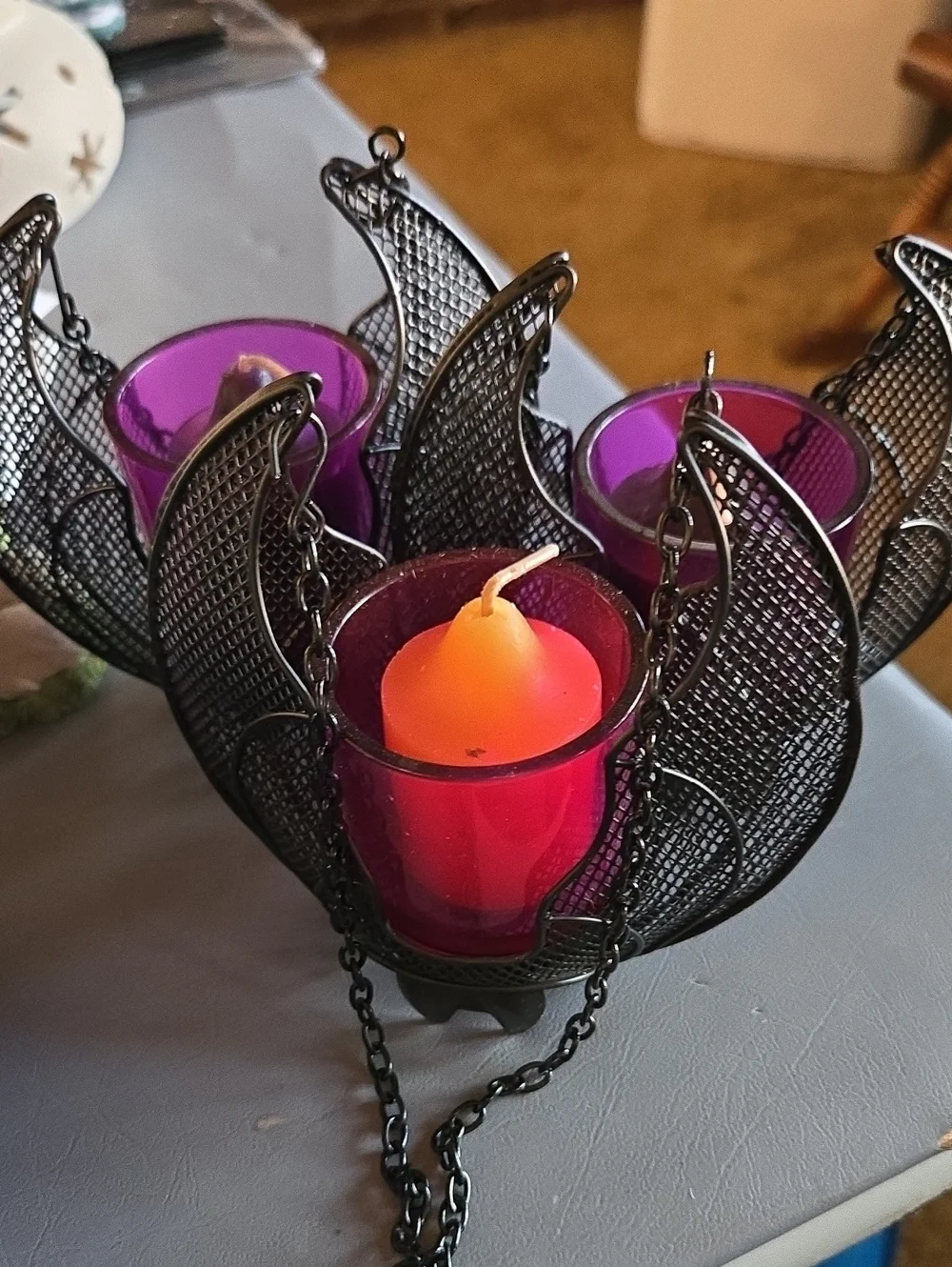 PartyLite Black Metal Bats Hanging Holder with Purple Votive Glass Cups